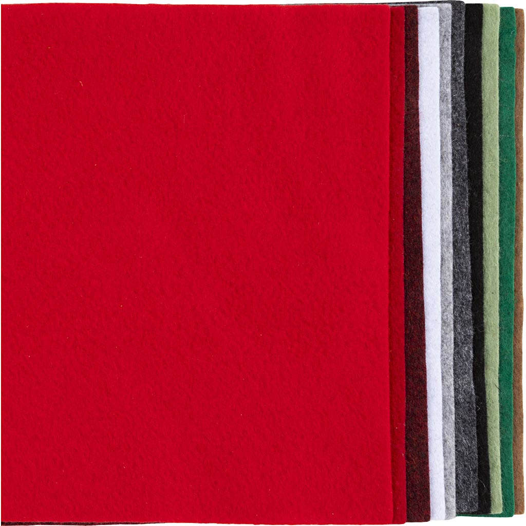 Filt og fleece – Hobbyfilt, A4, ark 210x297 mm, tykkelse 2 mm, julefarver, 10 ark/ 1 pk.
