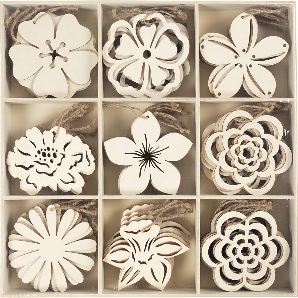 Figurer, æg og dyr til pynt – Træophæng, diam. 100 mm, tykkelse 3 mm, blomster, 90 stk./ 1 pk.