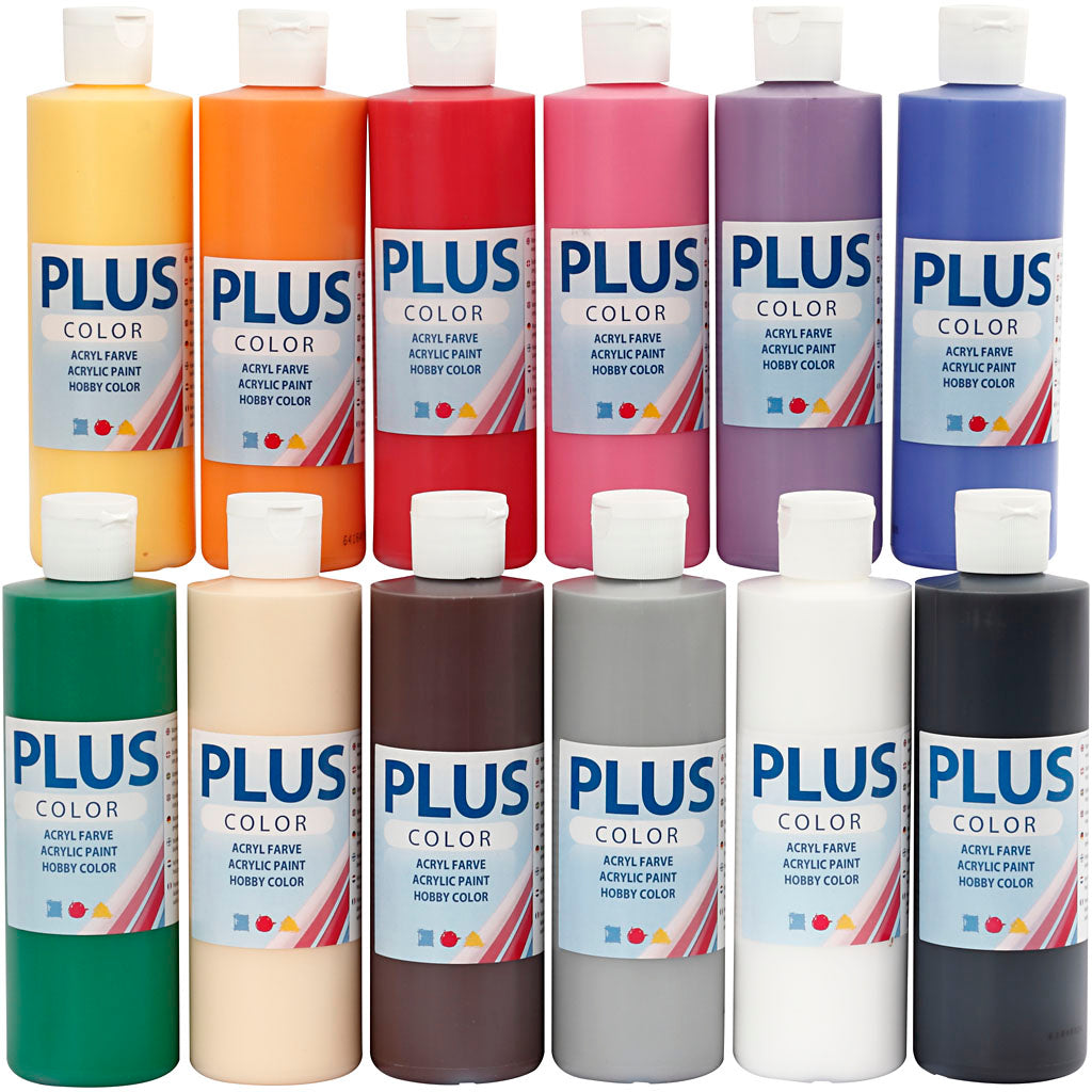 Akrylmaling – Plus Color Hobbymaling, standardfarver, 12x250 ml/ 1 pk.