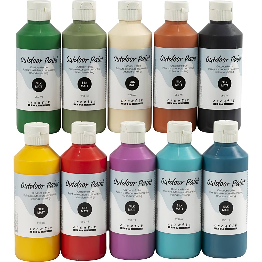 Oksblod · rød og bordeaux – Udendørsmaling, silkemat, ass. farver, 10x250 ml/ 1 pk.