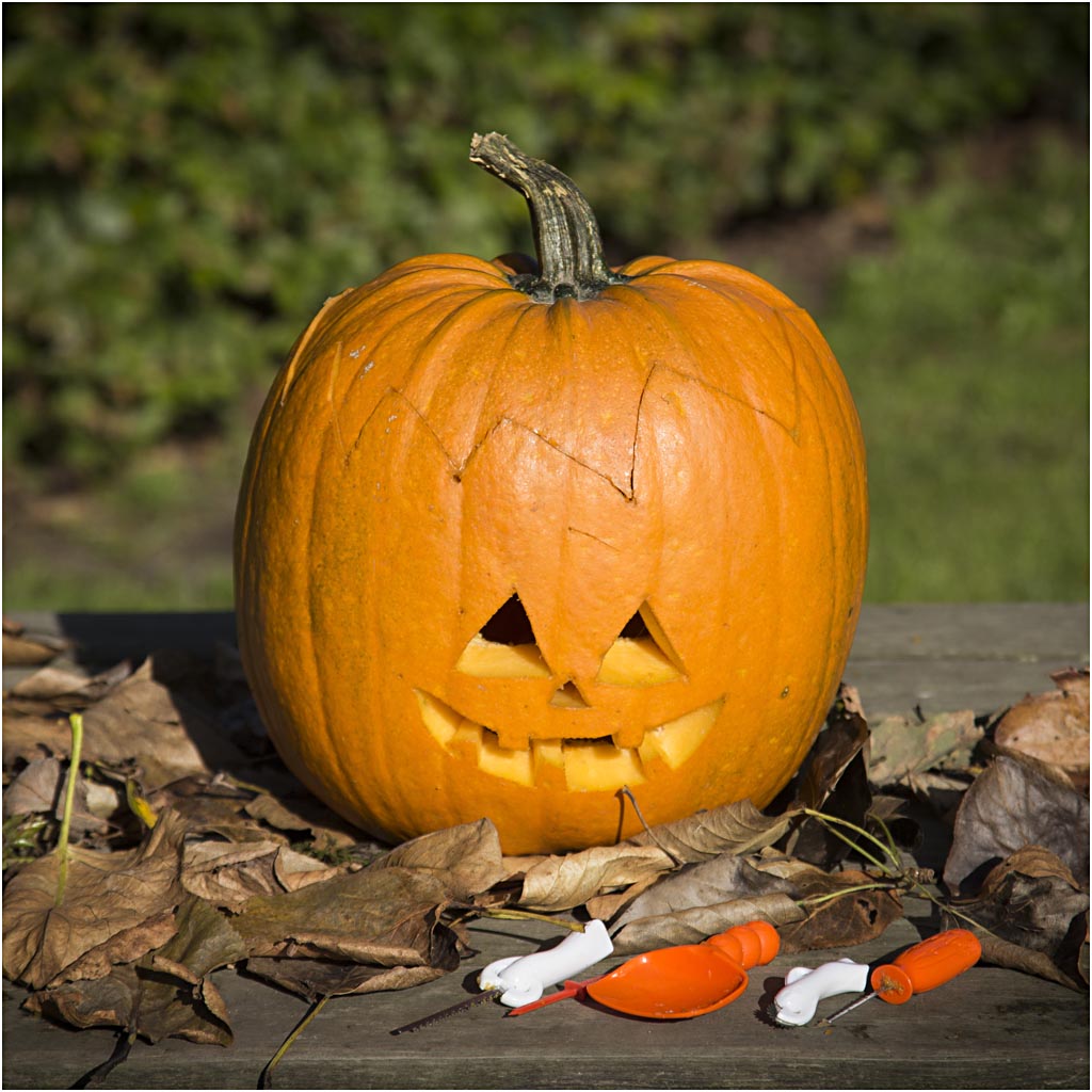 Udskåret græskar med ansigt til Halloween