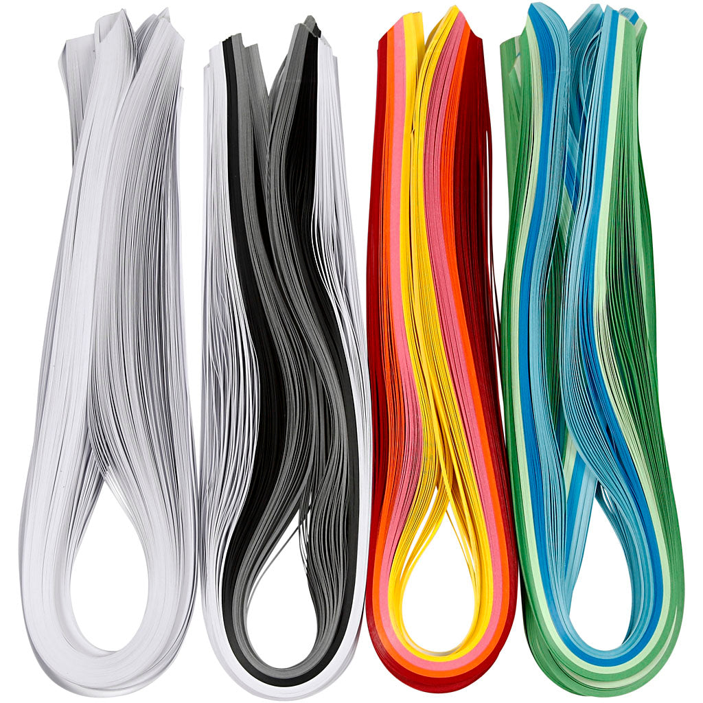 Quillingpapir, L: 78 cm, B: 5 mm, 120 g, ass. farver, 12x100 stk./ 1 pk.