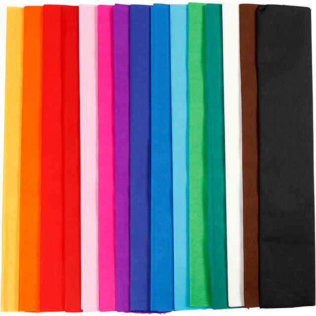 Crepepapir, L: 2,5 m, B: 50 cm, 22 g, ass. farver, 15 læg/ 1 pk.