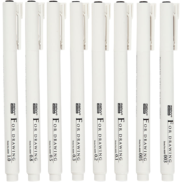 Fine Line skrive/tegnetusch, streg 0,03+0,05+0,1+0,2+0,3+0,5+0,8+1,0 mm, sort, 8 stk./ 1 pk.