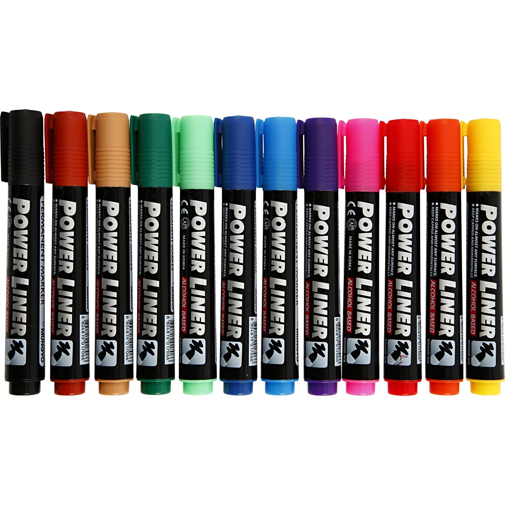 Permanent marker, streg 1,5-3 mm, ass. farver, 12 stk./ 1 pk.