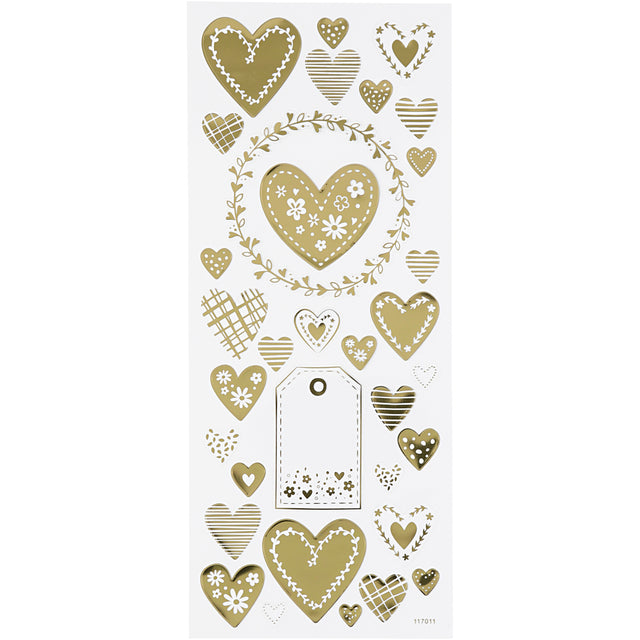 Stickers, hjerter, ark 10x24 cm, ca. 33 stk., guld, 1 ark