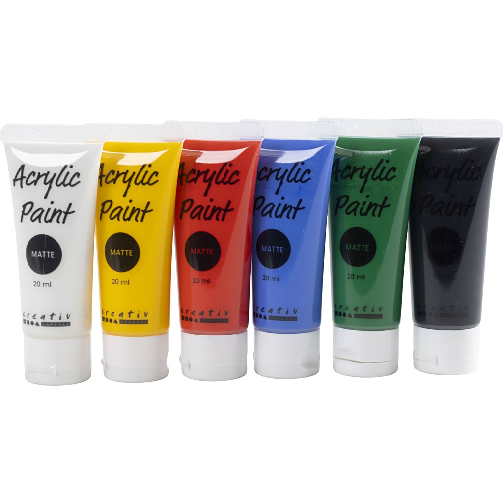 Akrylmaling Mat, standardfarver, 6x20 ml/ 1 pk.