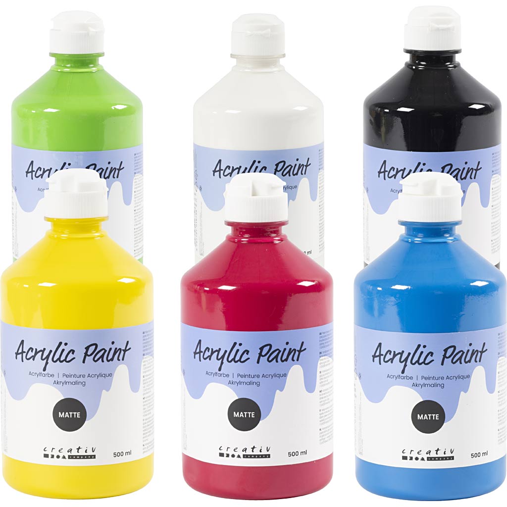 Akrylmaling Mat, primærfarver, 6x500 ml/ 1 pk.
