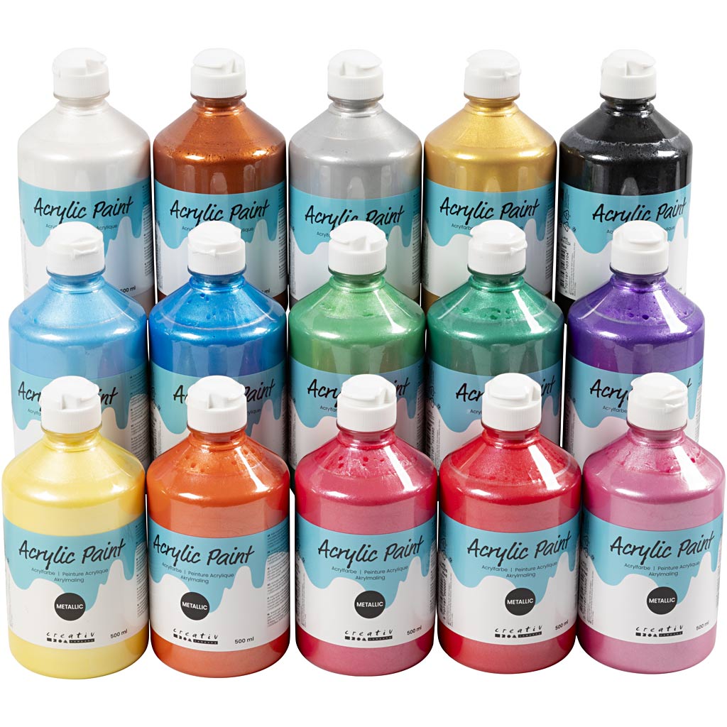 Akrylmaling Metallic, ass. farver, 15x500 ml/ 1 pk.