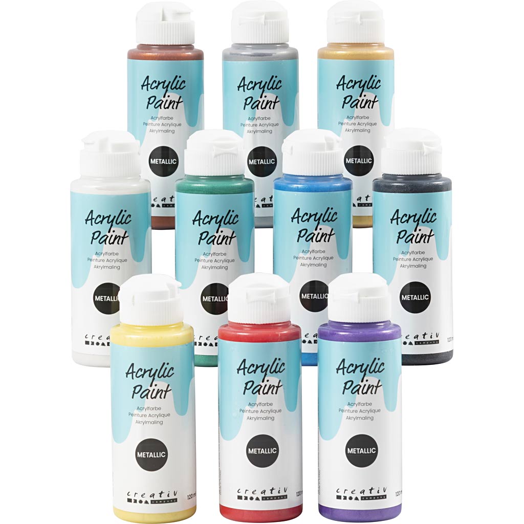Akrylmaling Metallic, ass. farver, 10x120 ml/ 1 pk.
