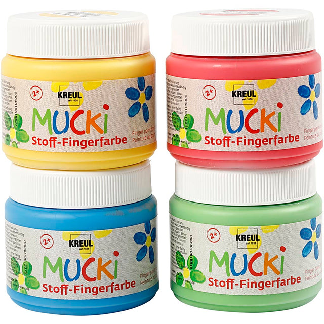 Muck Finger- og tekstilmaling, blå, grøn, rød, gul, 4x150 ml/ 1 pk.