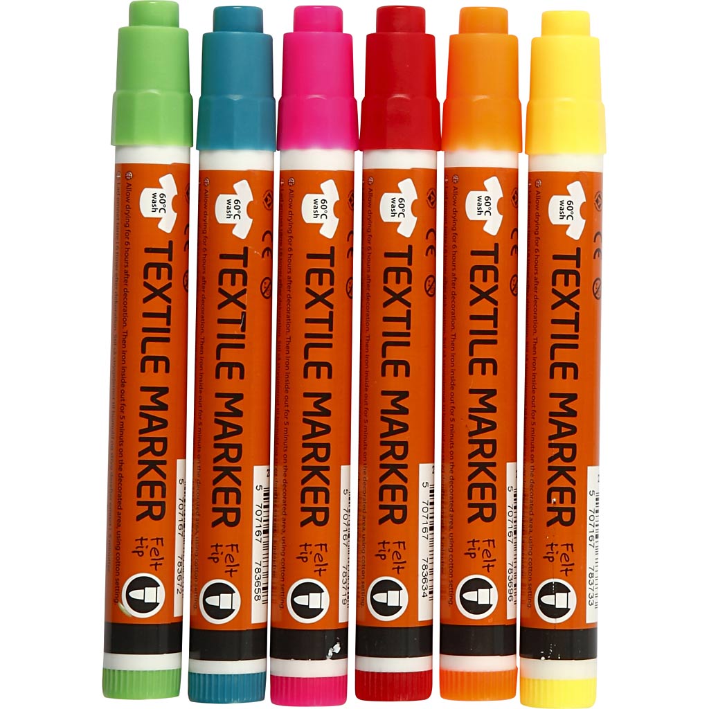 Tekstiltusch, streg 2-4 mm, neonfarver, 6 stk./ 1 pk.