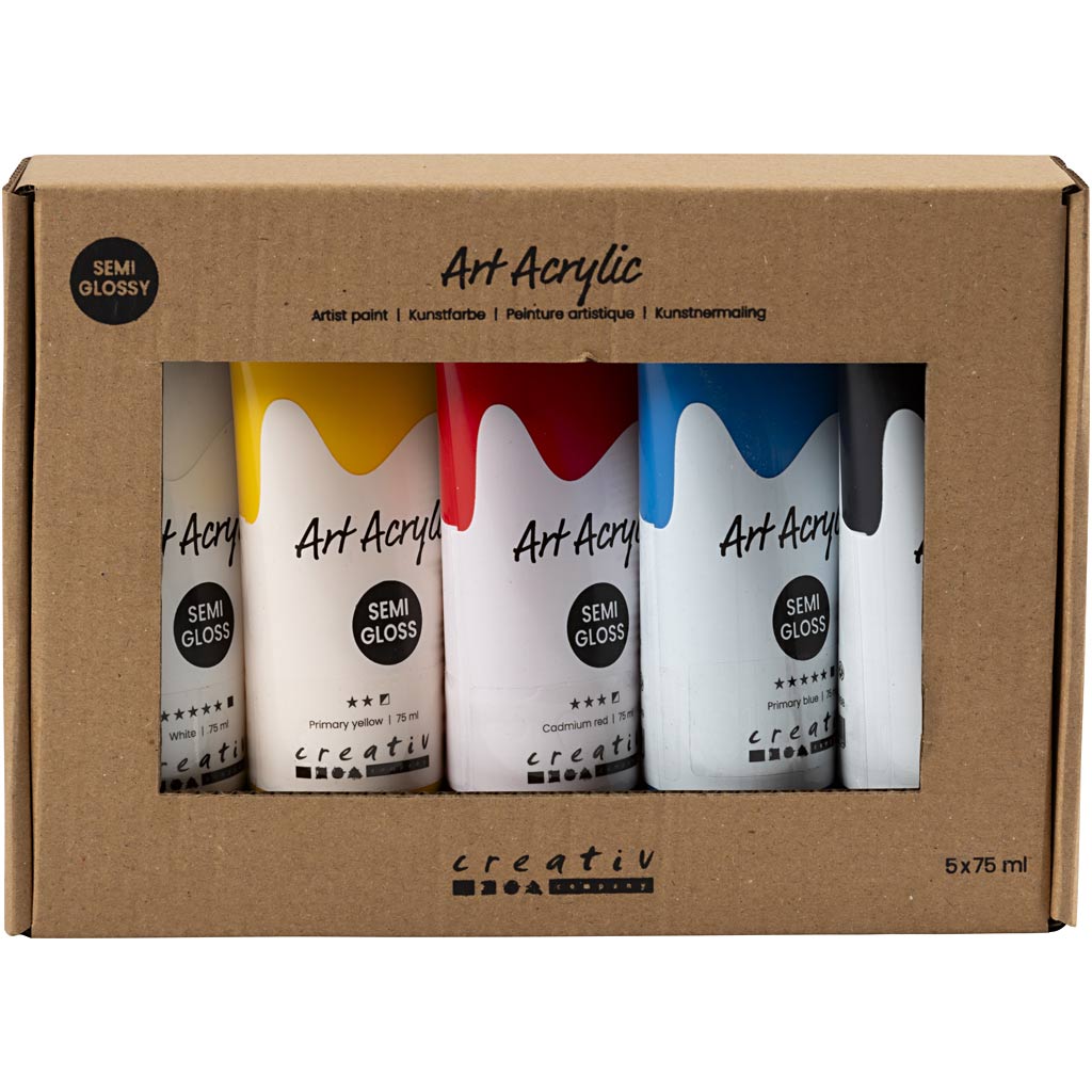 Art Akrylmaling, Grundfarver, halvblank, ass. farver, 5x75 ml/ 1 pk.
