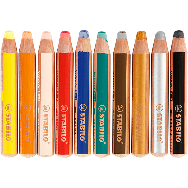 Woody 3-i-1, L: 11 cm, tykkelse 16 mm, mine 10 mm, ass. farver, 10 stk./ 1 pk.