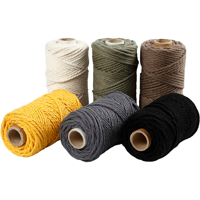 Macramé reb, L: 55 m, diam. 4 mm, ass. farver, 6x330 g/ 1 pk.