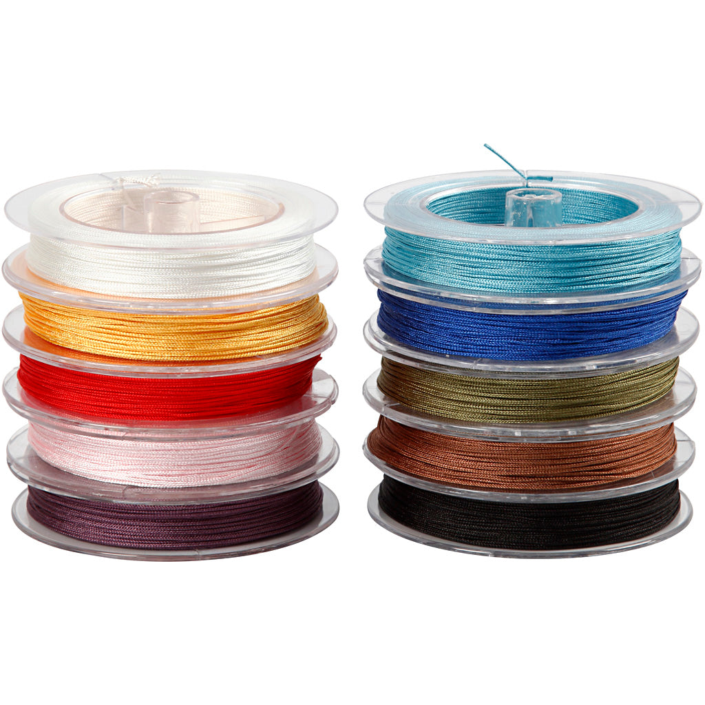 Polyester snor, tykkelse 1 mm, ass. farver, 10x50 m/ 1 pk.
