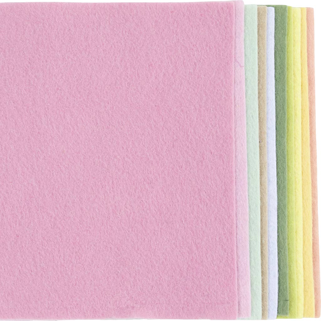 Hobbyfilt, A4, ark 210x297 mm, tykkelse 2 mm, pastelfarver, 10 ark/ 1 pk.