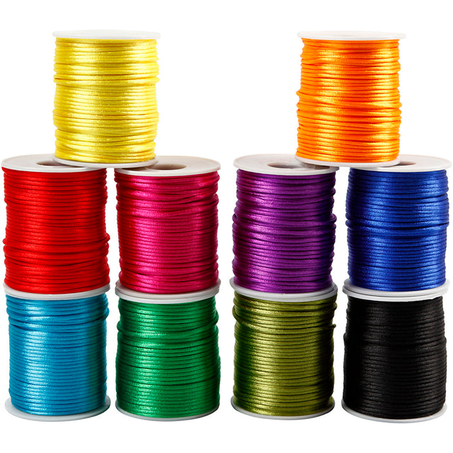 Satinsnor, tykkelse 2 mm, stærke farver, 10x50 m/ 1 pk.