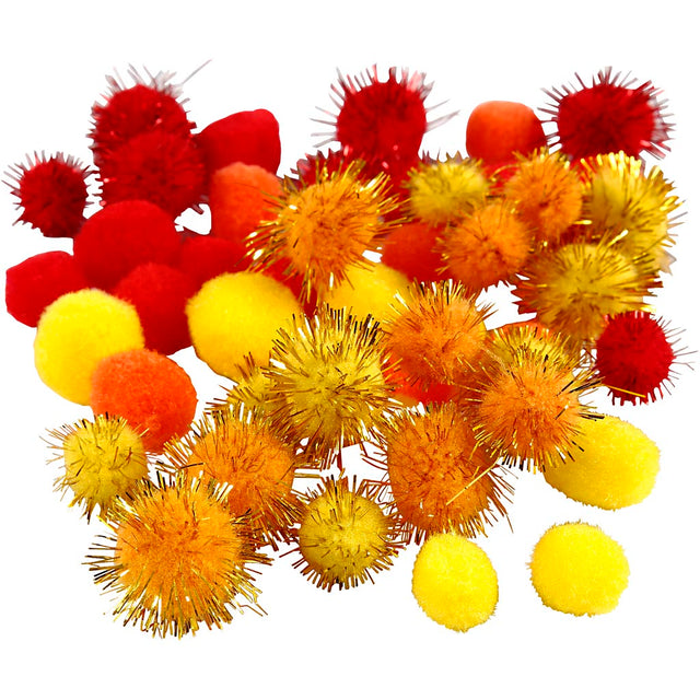 Pomponer, diam. 15+20 mm, orange, rød, gul, 48 stk./ 1 pk.