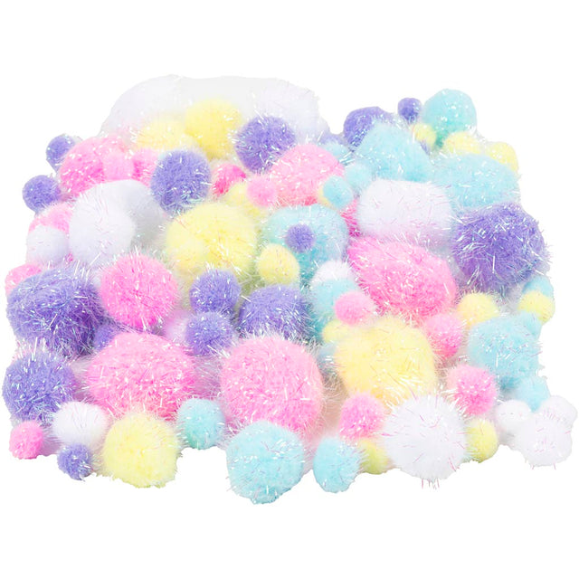 Pomponer, diam. 15-40 mm, glitter, ca. 75 stk., pastelfarver, 62 g/ 1 pk.