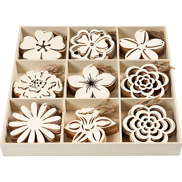 Træophæng, diam. 100 mm, tykkelse 3 mm, blomster, 90 stk./ 1 pk.