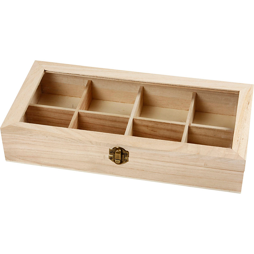 Æske med glaslåg, str. 32x16x6 cm, hulstr. 7x7 cm, 1 stk.