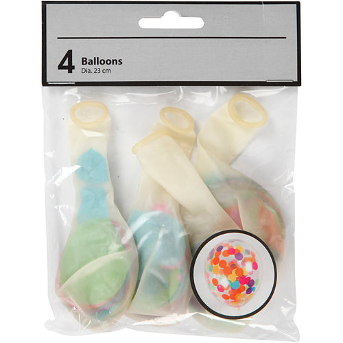 Balloner med konfetti, runde, diam. 23 cm, transparent, 4 stk./ 1 pk.