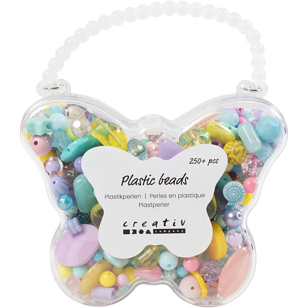 Plastperler, diam. 5-35 mm, hulstr. 1-8 mm, ass. farver, 193 g, 300 ml/ 1 pk.