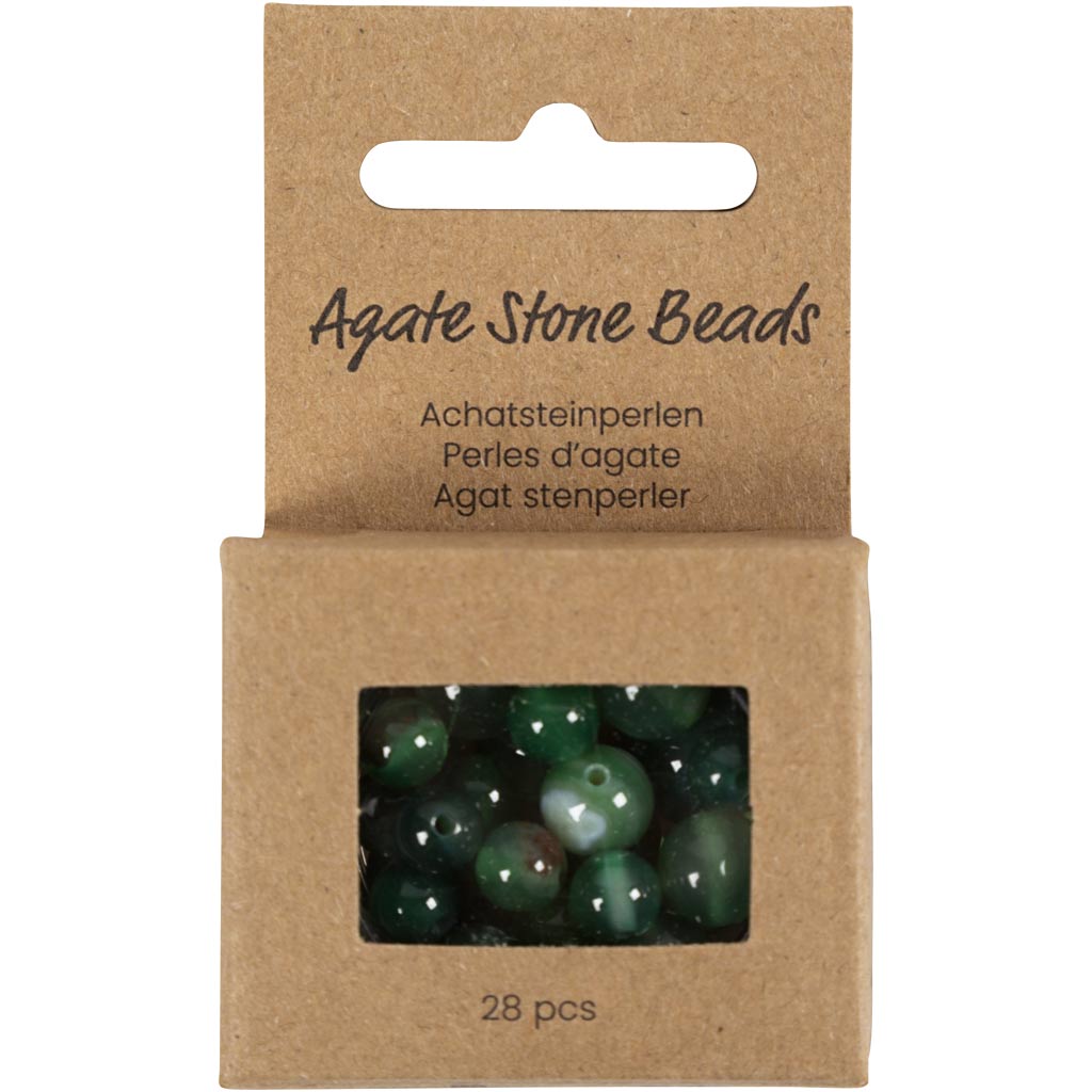 Agat stenperler, diam. 13+15 mm, hulstr. 0,9-1 mm, klar grøn, 28 stk./ 1 pk.