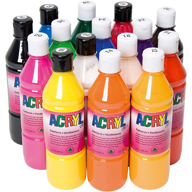 Akrylmaling, ass. farver, 15x500 ml/ 1 pk.