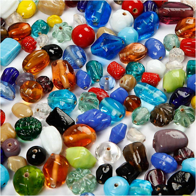 Glasperler, str. 7-18 mm, hulstr. 1 mm, ca. 600 stk., ass. farver, 1000 g/ 1 pk.