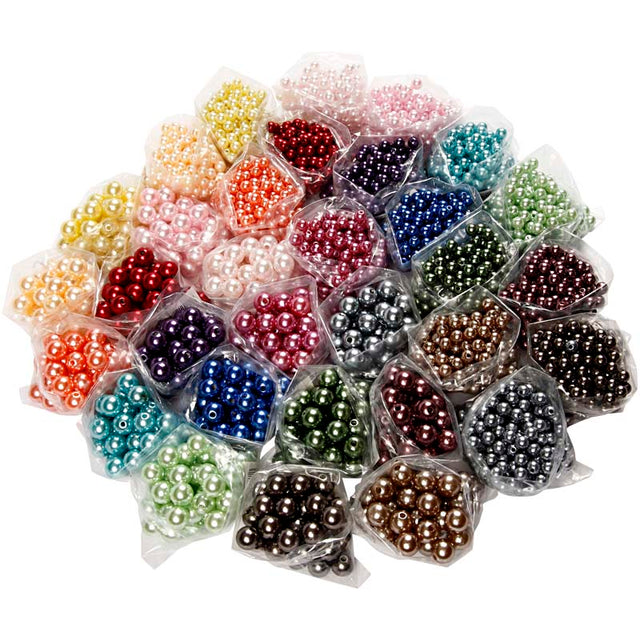 Luksus voksperler, diam. 6+10 mm, hulstr. 1,5+2 mm, ca. 640+3040 stk., ass. farver, 32x20 g/ 1 pk.