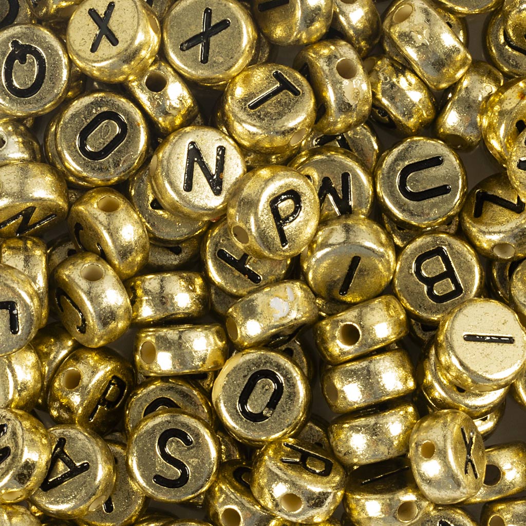 Bogstavperler, diam. 7 mm, hulstr. 1,2 mm, ca. 200 stk., guld, 21 g/ 1 pk.