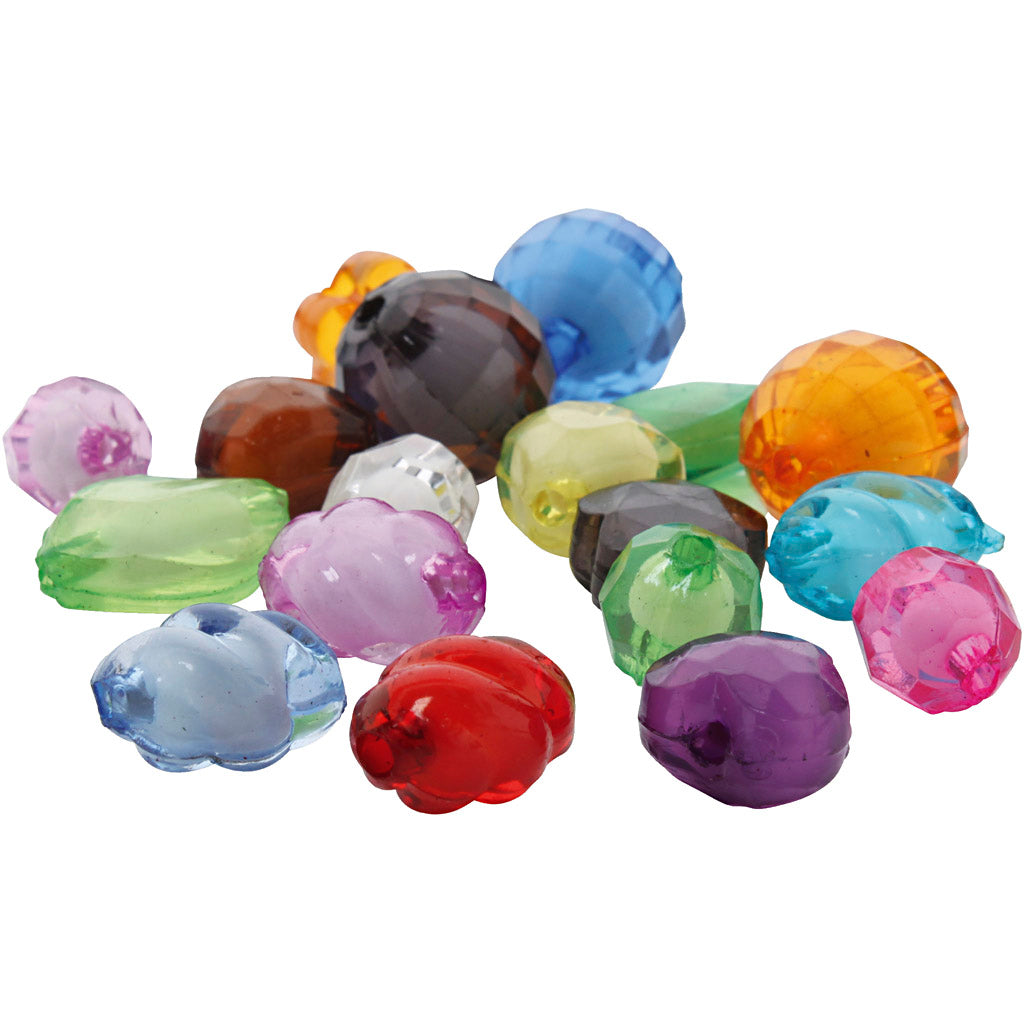 Acrylfacetperler, str. 8-20 mm, hulstr. 2-3 mm, ass. farver, 1000 g/ 1 pk.