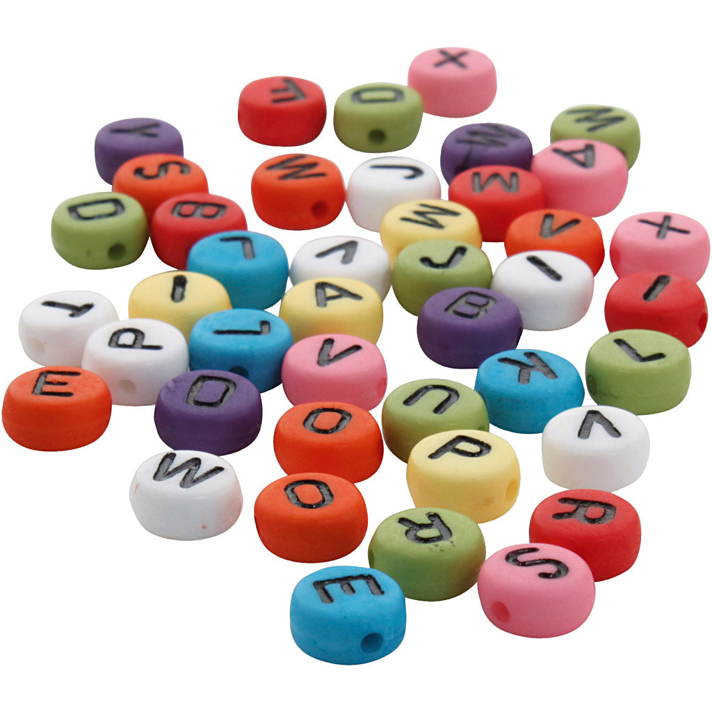 Runde bogstavperler, diam. 7 mm, hulstr. 1-2 mm, tykkelse 4 mm, ass. farver, 500 g/ 1 pk.