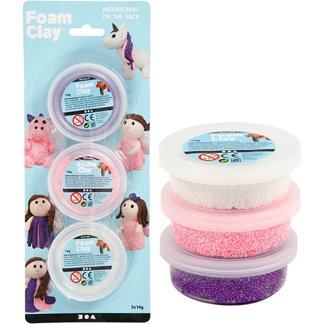 Foam Clay®, glitter,metallic, pink, lilla, hvid, 3x14 g/ 1 pk.
