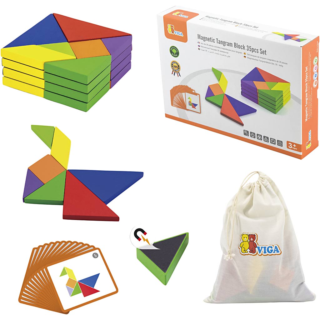 VIGA Magnetisk Tangram, H: 1 cm, L: 10 cm, B: 10 cm, 35 dele/ 1 pk.