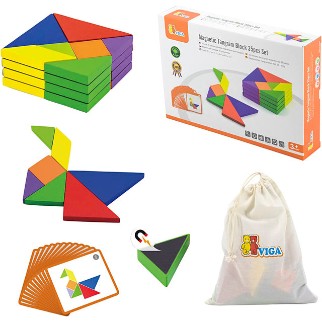 VIGA Magnetisk Tangram, H: 1 cm, L: 10 cm, B: 10 cm, 35 dele/ 1 pk.