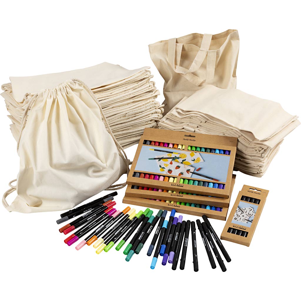 Gruppe DIY Kit Sko- og muleposer med tusch, str. 27,5x30 cm, ass. farver, 1 sæt
