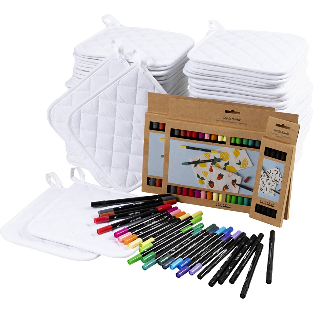 Gruppe DIY Kit Grydelapper med tusch, sort, hvid, 1 sæt