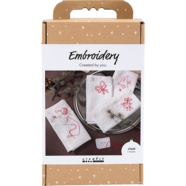 DIY Kit Broderi, Juleservietter, julerød, 1 pk.