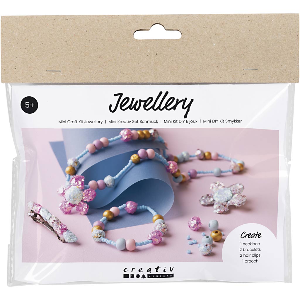 Mini DIY Kit Smykker, Halskæde, armbånd, spænder, broche, blå, lys blå, pastelpink, 1 pk.
