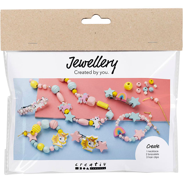 Mini DIY Kit Smykker, Halskæde, armbånd, hårpynt, lys blå, lys rød, gul, 1 pk.