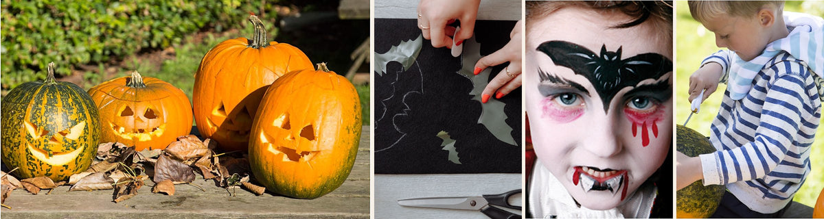 Flagermus klippes i karton, en pige får malet vampyr-ansigtsmaling og en dreng skærer græskar ud til Halloween